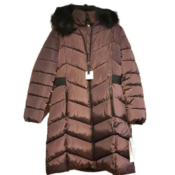 Calvin Klein Puffer Coat Womens‎ L Hooded Faux Fur Trim Quilted Winter Warm New - Picture 3 of 14